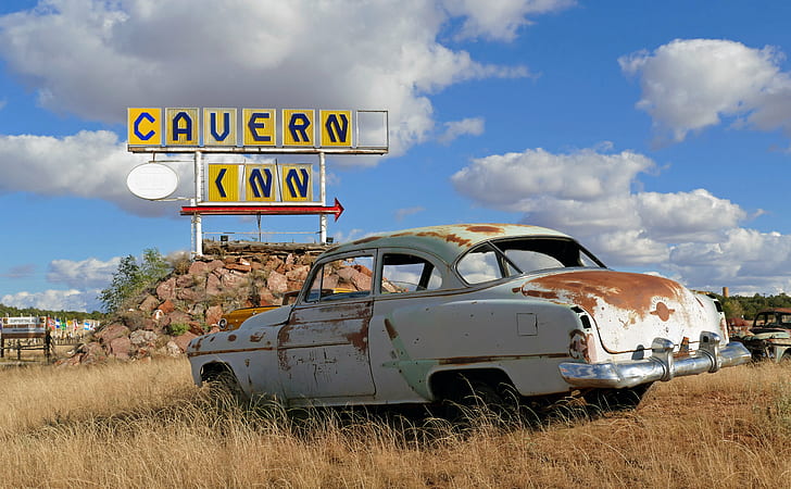 Cavern inn signage, Oldsmobile, Route 66, USA, Cars, Lumix FZ1000, HD wallpaper
