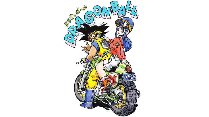 Dragon Ball Z poster, Son Goku, Bulma, Chi, motorcycle, Akira Toriyama, HD wallpaper