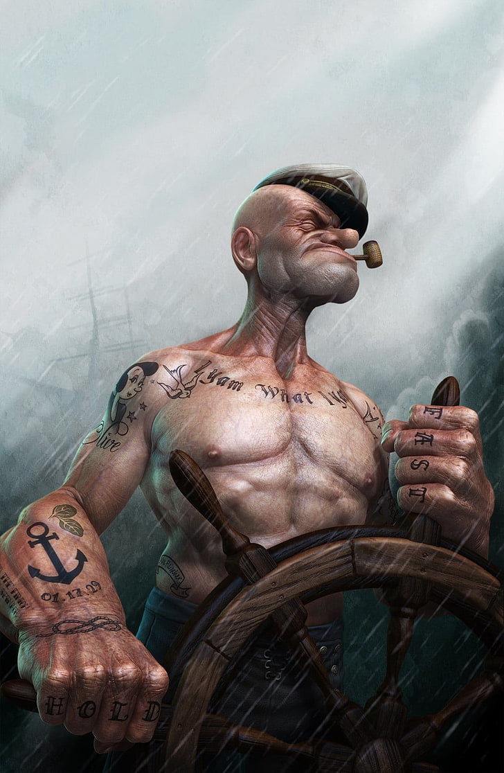 Popeye digital art, sailors, realistic, smoke - physical structure