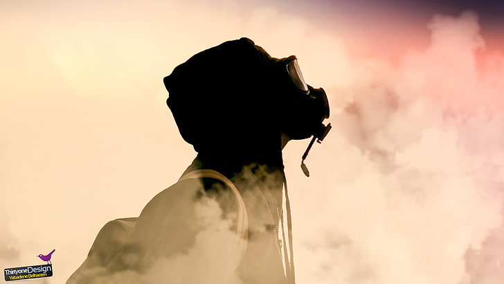 gas masks, smoke, sky, headshot, sunset, one person, men, portrait, HD wallpaper
