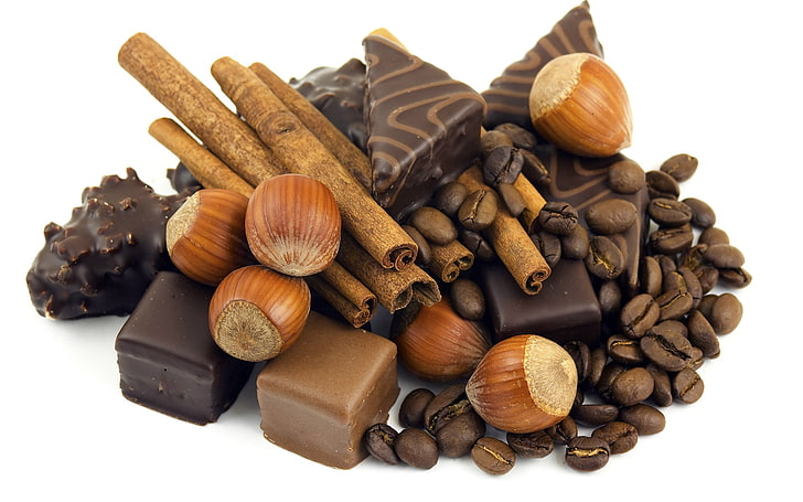 brown cinnamon, chocolates and nuts, candies, wood, food, hazelnut, HD wallpaper