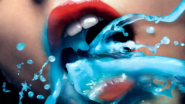 women's red lipstick, digital art, mouth, liquid, artwork, blue, HD wallpaper