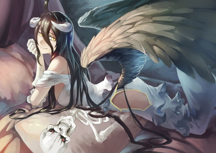 fantasy girl, wings, anime girls, yellow eyes, Albedo (OverLord), HD wallpaper
