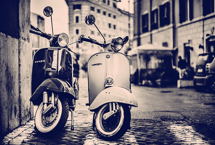 white and black motor scooters, the city, street, building, home, HD wallpaper