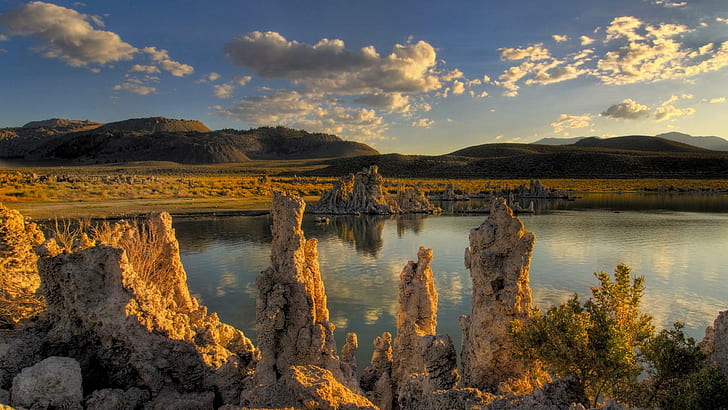 Limestone Monuments In A Lake, hills, clouds, nature and landscapes
