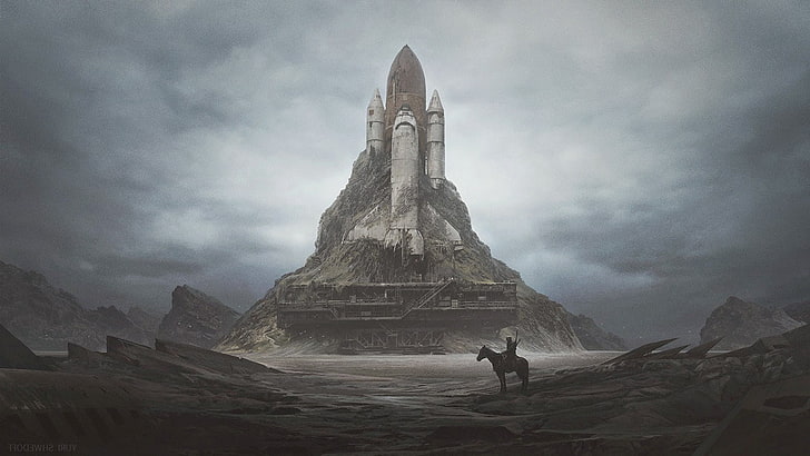 apocalyptic, Dystopian, horse, launch Pads, Space Shuttle, Wasteland