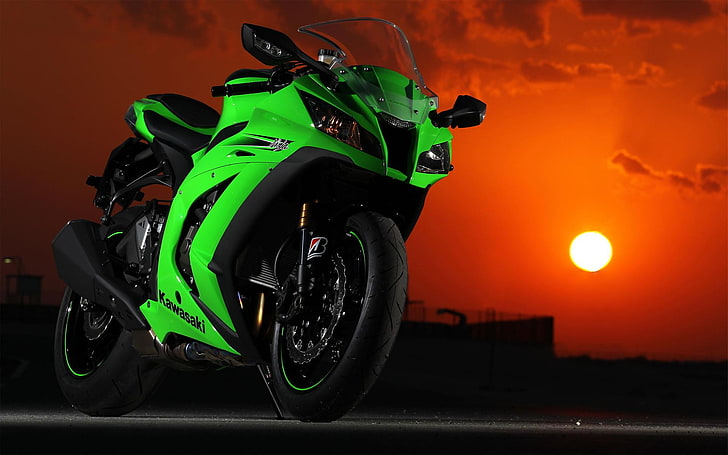 Kawasaki Ninja And Sunset, green and black Kawasaki Ninja ZX-10R sports bike, HD wallpaper