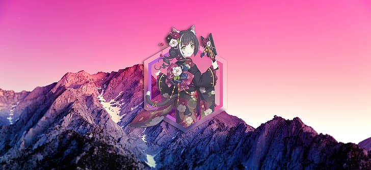 picture-in-picture, mountain top, sunlight, sunset, Kyaru (Princess Connect), HD wallpaper
