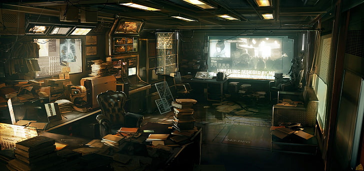 black leather chair, cyberpunk, futuristic, Deus Ex: Human Revolution