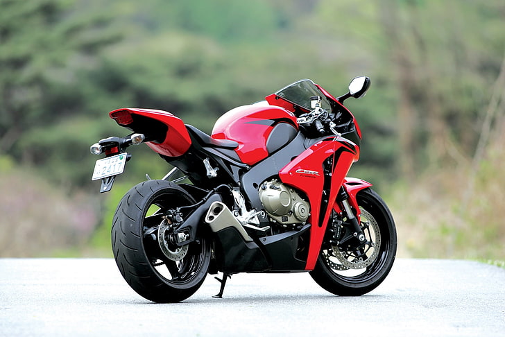 red and black sports bike, motorcycle, rear view, Honda, exhaust pipe, HD wallpaper