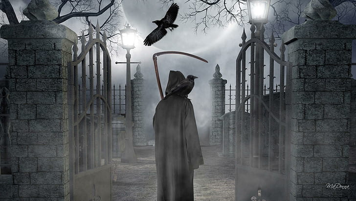 Grave Watcher, grim reaper character poster, ghastly, uncanny