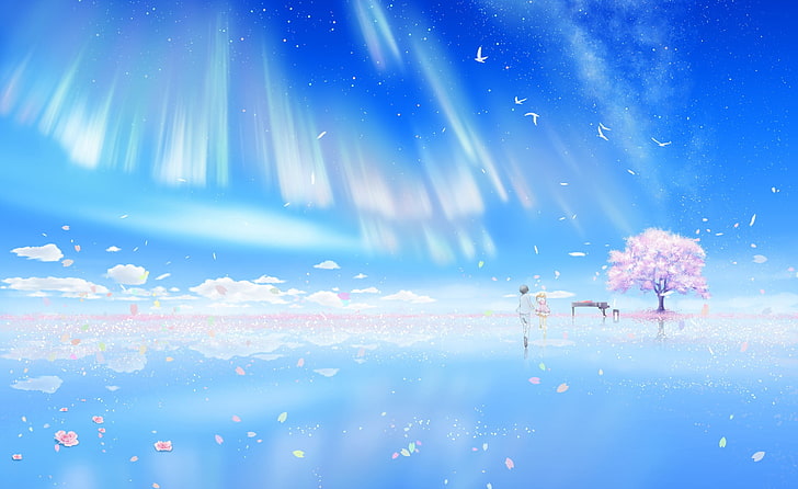 cherry blossom illustration, piano, birds, clouds, Arima Kousei