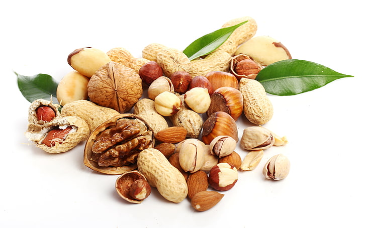 assorted-varieties nut lot, nuts, almonds, hazelnuts, peanuts