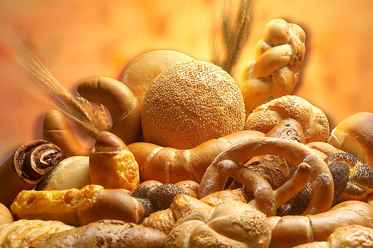 pastry bread, tasty, food, backgrounds, close-up, yellow, freshness, HD wallpaper