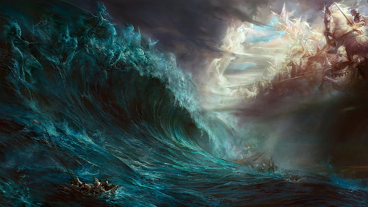 battle, mythology, Poseidon, ship, Zeus, HD wallpaper