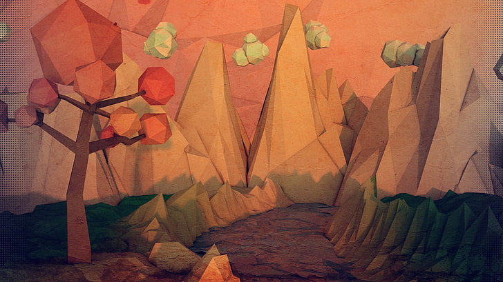 pathway between rock formations painting, minimalism, 3D, low poly
