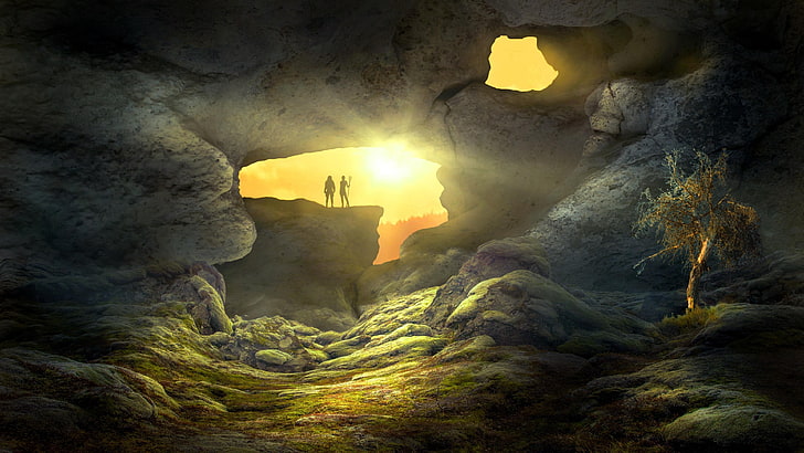 cave, sunrise, fantasy world, fantasy art, human, fantasy land, HD wallpaper