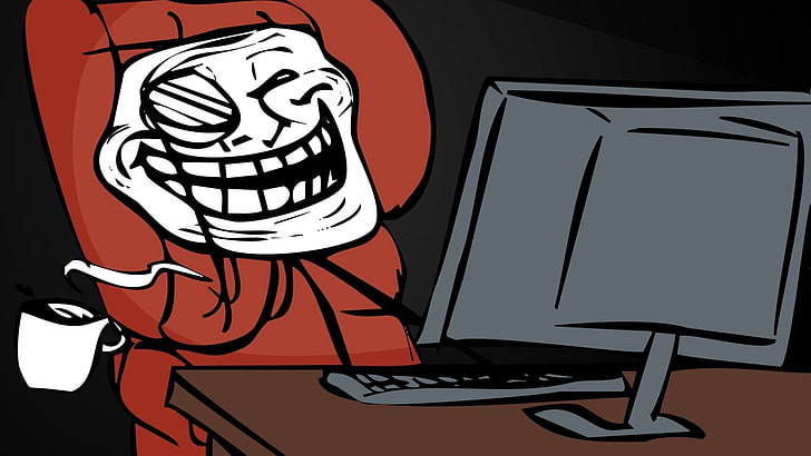 troll using computer meme illustration, troll face, minimalism