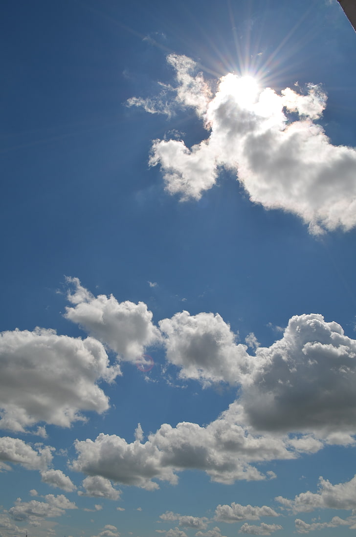 sky, clouds, Sun, cloud - sky, sunlight, sunbeam, blue, cloudscape, HD wallpaper
