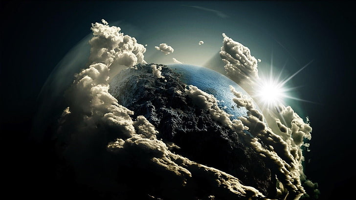 earth, clouds, planet, space, sun, sunray, rays, atmosphere