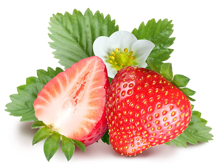red strawberry, flower, cut, leaves, fruit, food, freshness, ripe, HD wallpaper