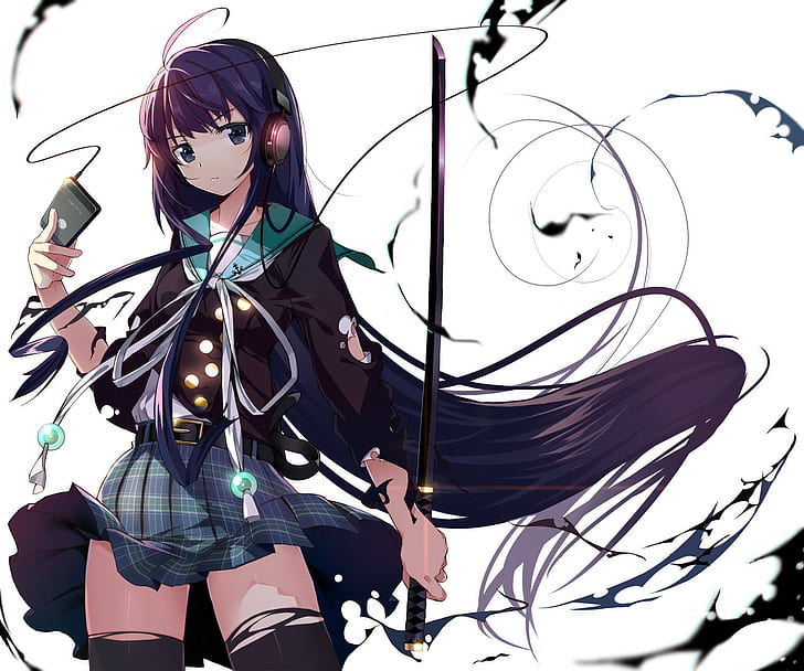 anime girls, original characters, school uniform, katana, headphones, HD wallpaper