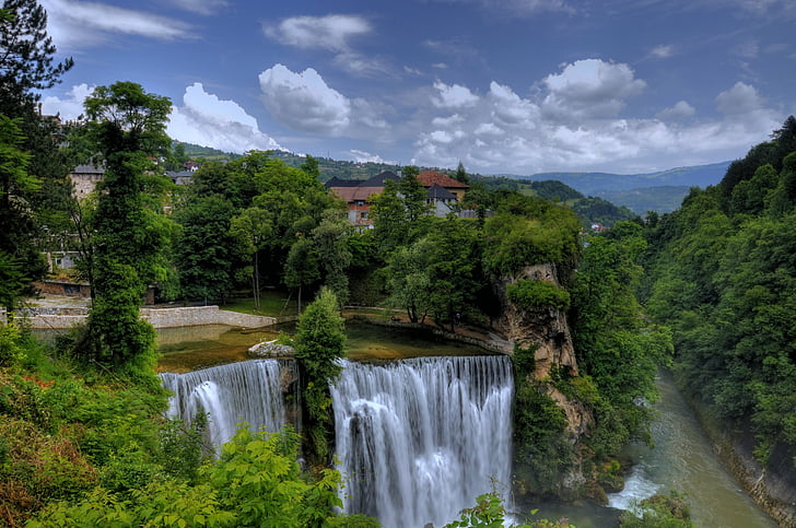 bosnia, herzegovina, jajce, nature, rivers, trees, waterfalls