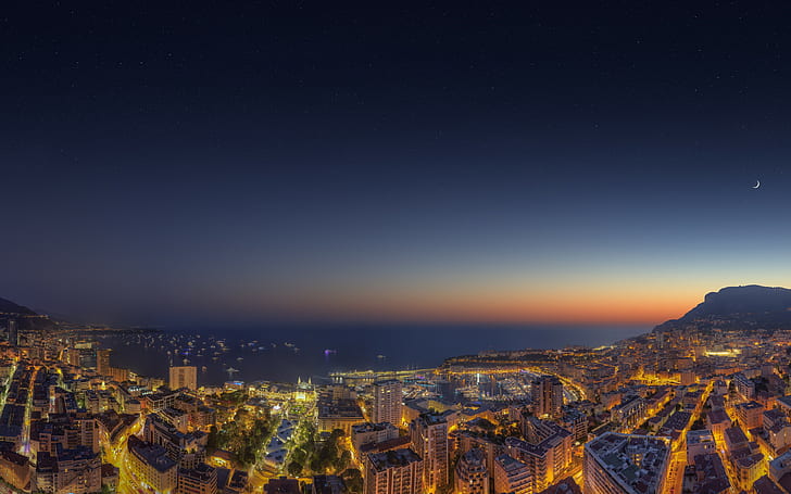 city, sunset, city lights, sea, cityscape, Monaco