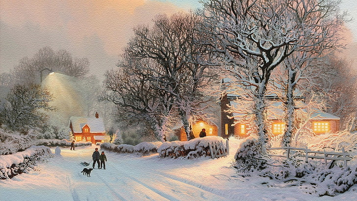 houses and trees illustration, landscape, winter, snow, artwork