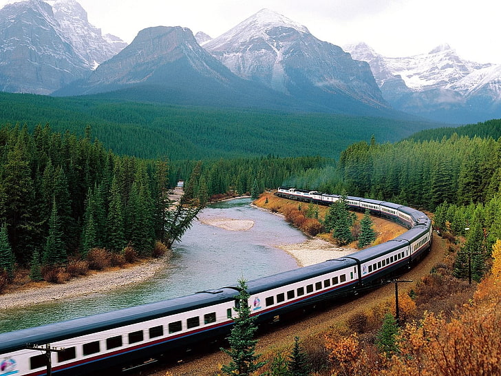 nature, landscape, train, railway, mountains, snow, trees, forest