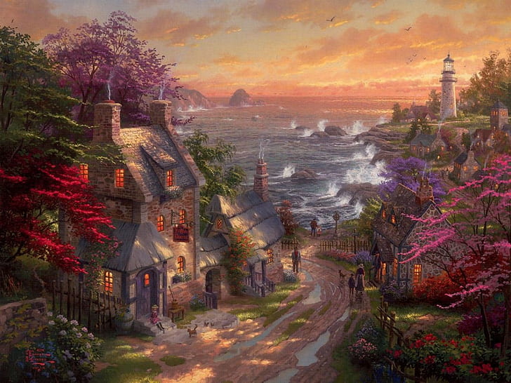 art coast Village-Lighthouse Abstract Fantasy HD Art, Flowers