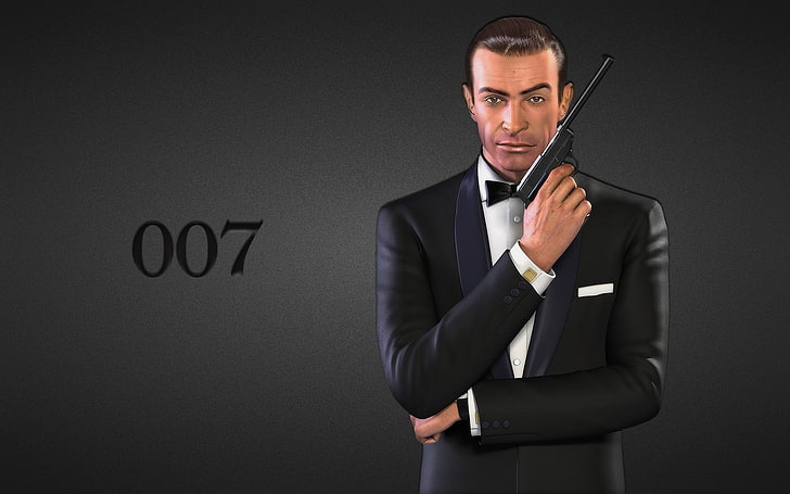 James Bond illustration, gun, the inscription, black background