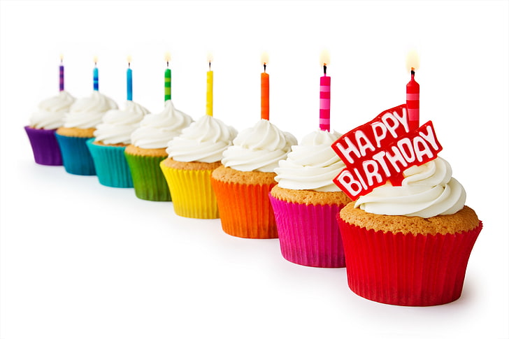 assorted-flavor cupcakes, colorful, dessert, sweet, happy birthday, HD wallpaper