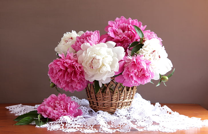 white and pink peony flower arrangement, basket, colorful, peonies