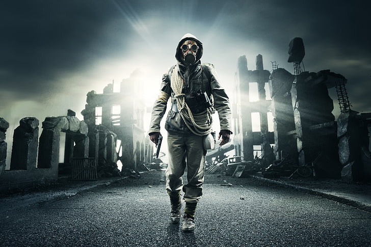 man with gas mask game wallpaper, road, the sky, gun, smoke, hood