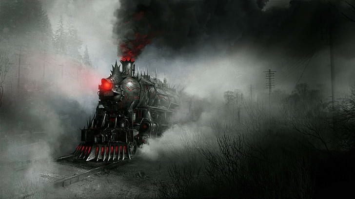 demon, artwork, steam locomotive, steampunk, fantasy art, smoke