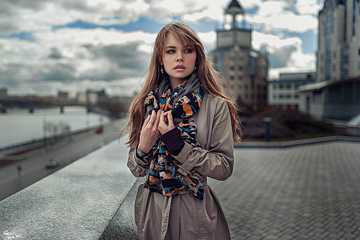 women's brown winter coat, model, auburn hair, Russia, Georgy Chernyadyev