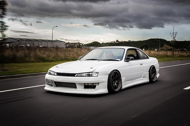 white coupe, car, Nissan 200SX, road, Stance, tuning, lowered HD wallpaper