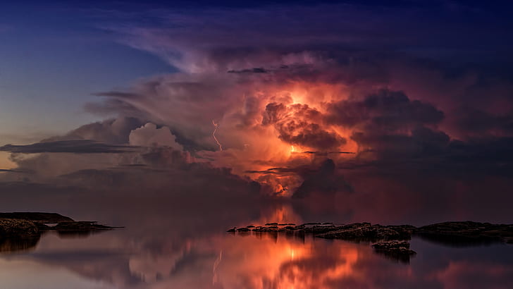 thunderstorm, clouds, ocean, coast, twilight, HD wallpaper