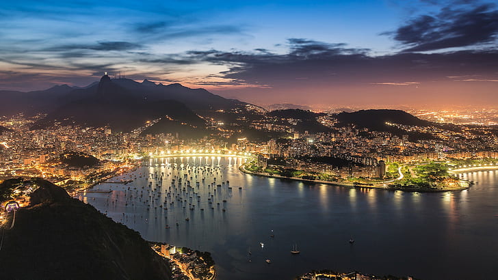 Rio de Janeiro, the Guanabara bay, panorama, view, lighting, city lights, HD wallpaper