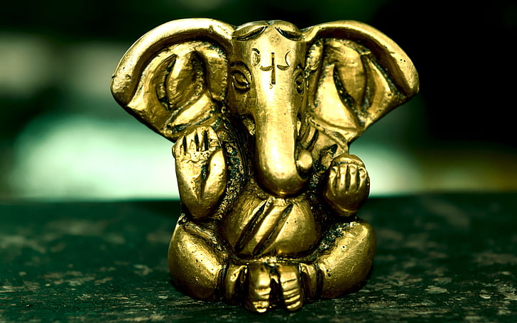 Brass Lord Ganeshji, gold-colored Ganesha figurine, God, Lord Ganesha