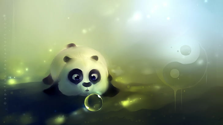 Apofiss, panda, fantasy art, Yin and Yang, artwork, bubbles, HD wallpaper