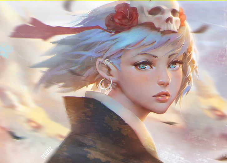 original characters, aqua hair, aqua eyes, flowers, headdress