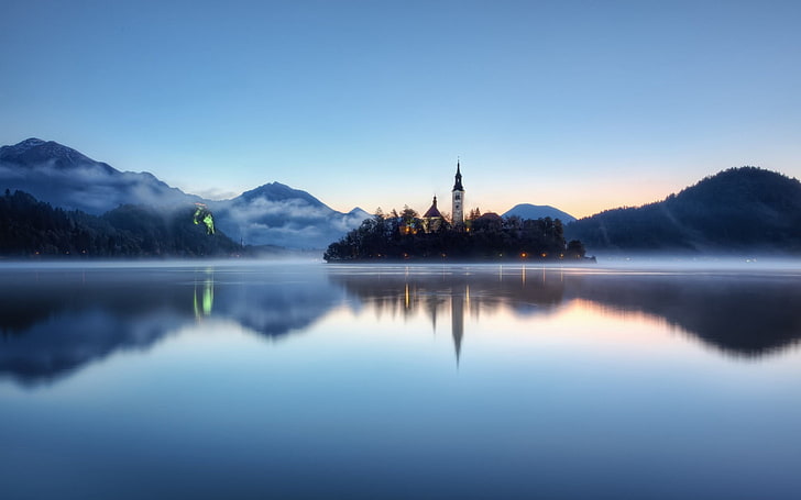 brown and white castle, lake, tower, Slovenia, landscape, calm, HD wallpaper