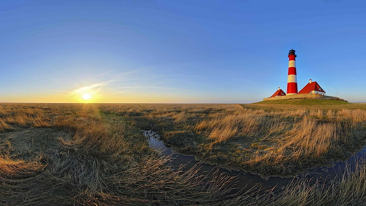 white and red lighthouse, sea, dune, grass, sunset, Schleswig-Holstein