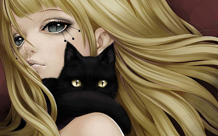 Blonde girl and its black cat, woman with yellow hair and black cat on shoulder anime character