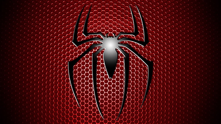 black Spider-Man logo, symbols, Marvel Comics, red background, HD wallpaper