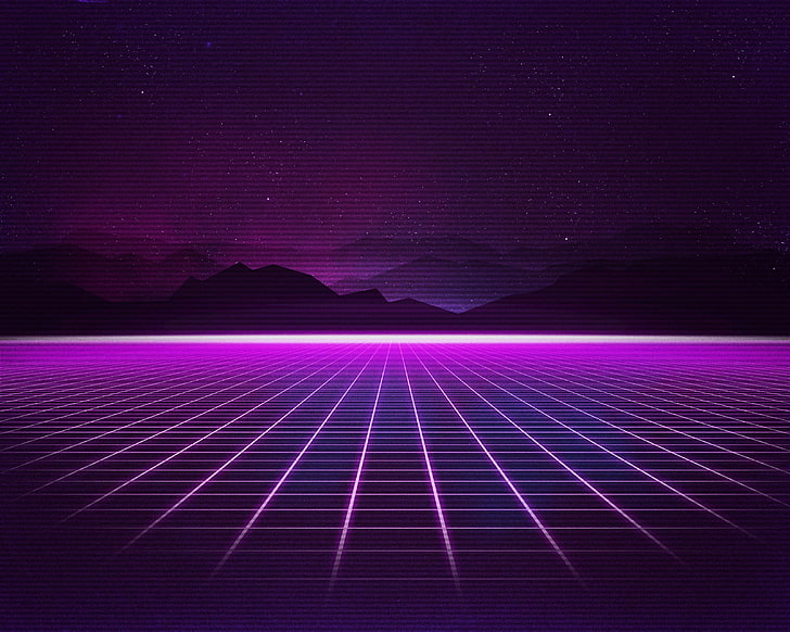 synthwave, Retrowave, grid, purple, mountains, technology, pink color, HD wallpaper