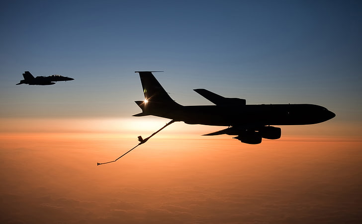 An FA-18F Prepares to Refuel from a KC-135, jet plane and airplane