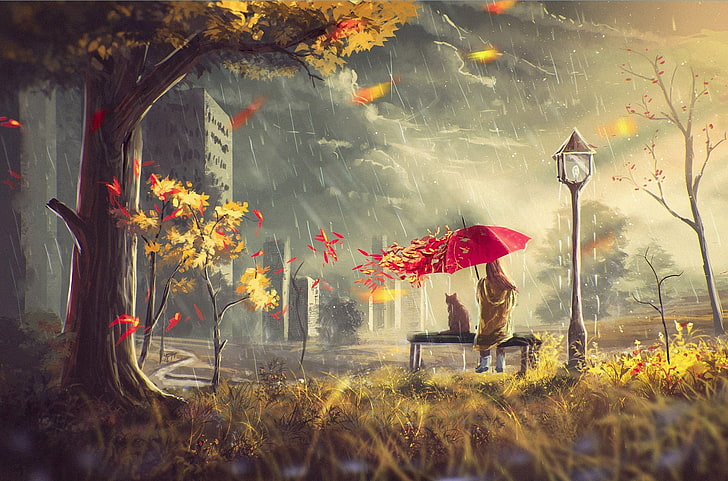 woman sitting while holding red umbrella painting, autumn, cat, HD wallpaper